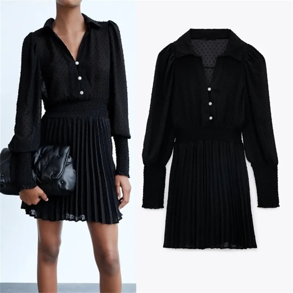 Zara Pleated dress with embellished buttons